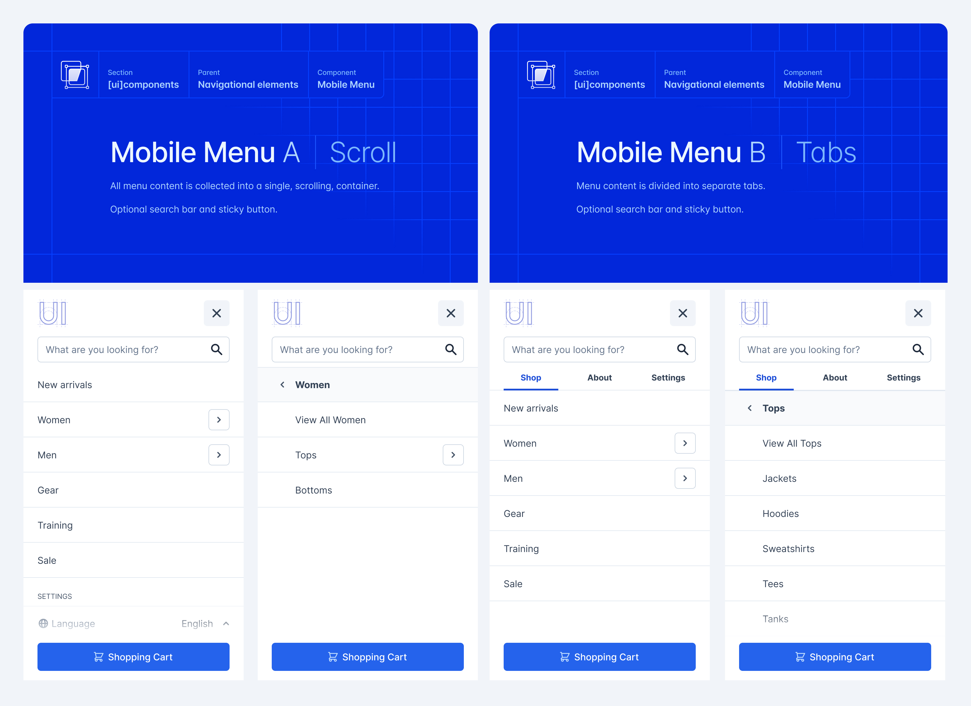 Hyvä Mobile Menu options from the Hyvä UI kit